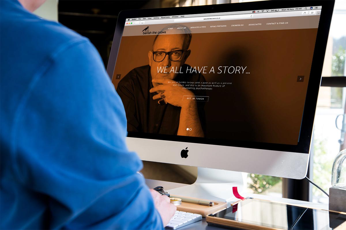 Banish the Crows website Banish the Crows website displayed on a Mac computer